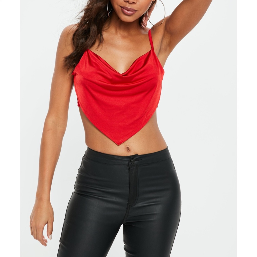 red cowl neck cami cropped top